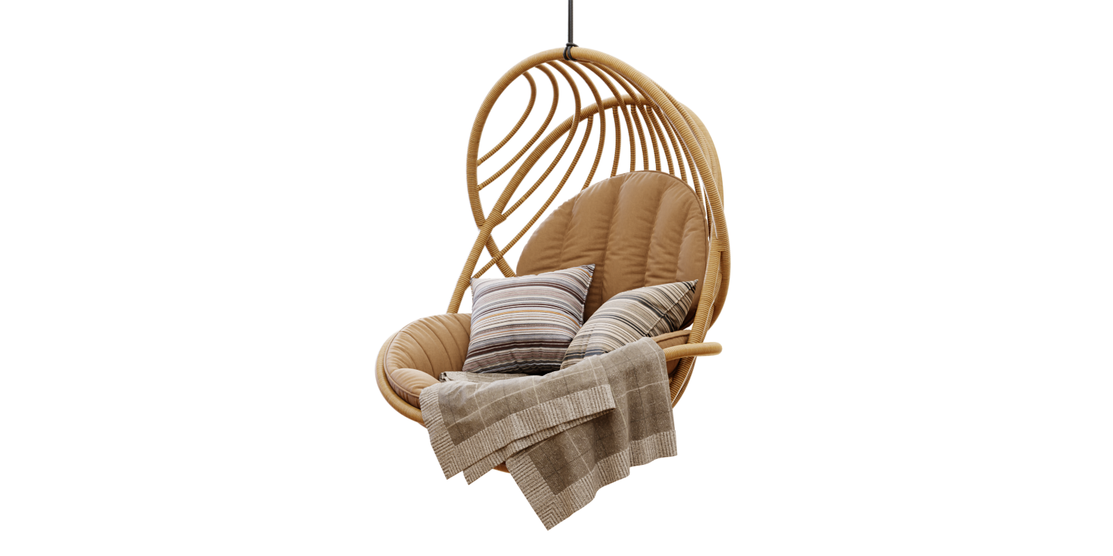 chair Hanging lounge ratan chair with pillows and plaid by Dedon outdoor or exterior swing